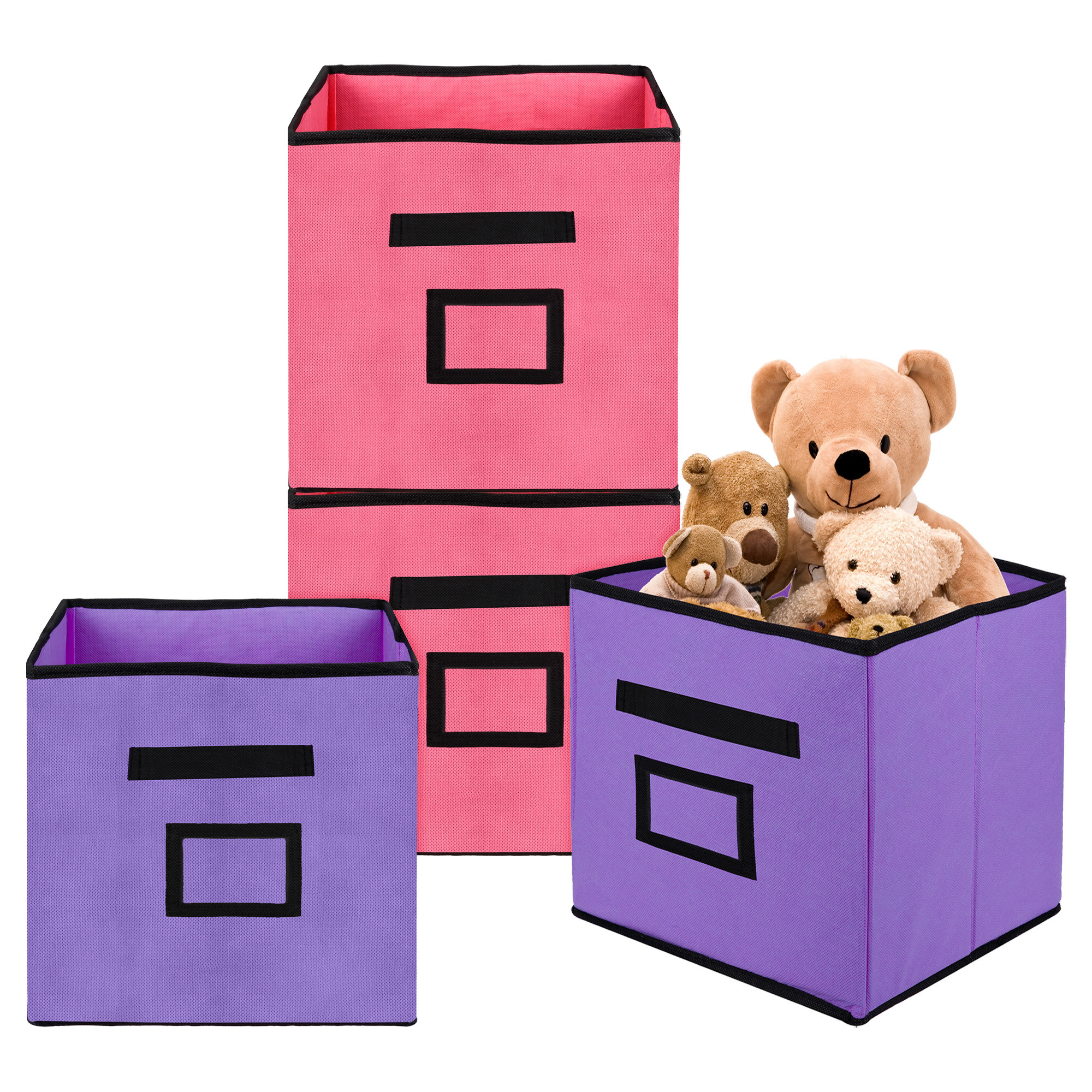 Kuber Industries Storage Box | Square Toy Storage Box | Wardrobe Organizer for Clothes-Books-Toys-Stationary | Drawer Organizer Box with Handle & Name Pocket | Purple & Pink