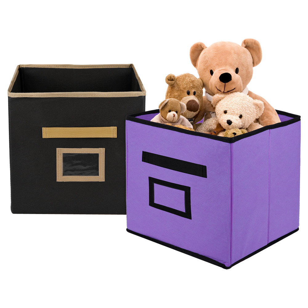 Kuber Industries Storage Box | Square Toy Storage Box | Wardrobe Organizer for Clothes-Books-Toys-Stationary | Drawer Organizer Box with Handle &amp; Name Pocket | Purple &amp; Black