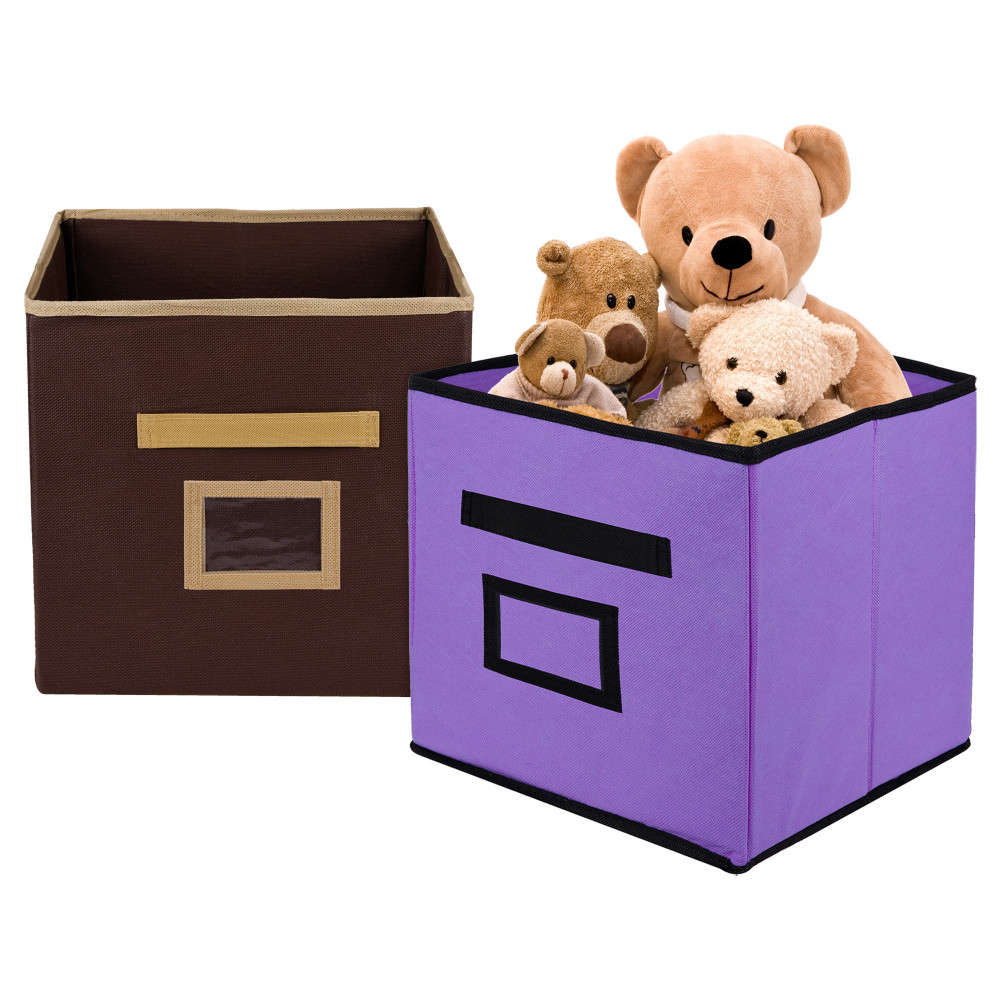 Kuber Industries Storage Box | Square Toy Storage Box | Wardrobe Organizer for Clothes-Books-Toys-Stationary | Drawer Organizer Box with Handle &amp; Name Pocket | Purple &amp; Brown