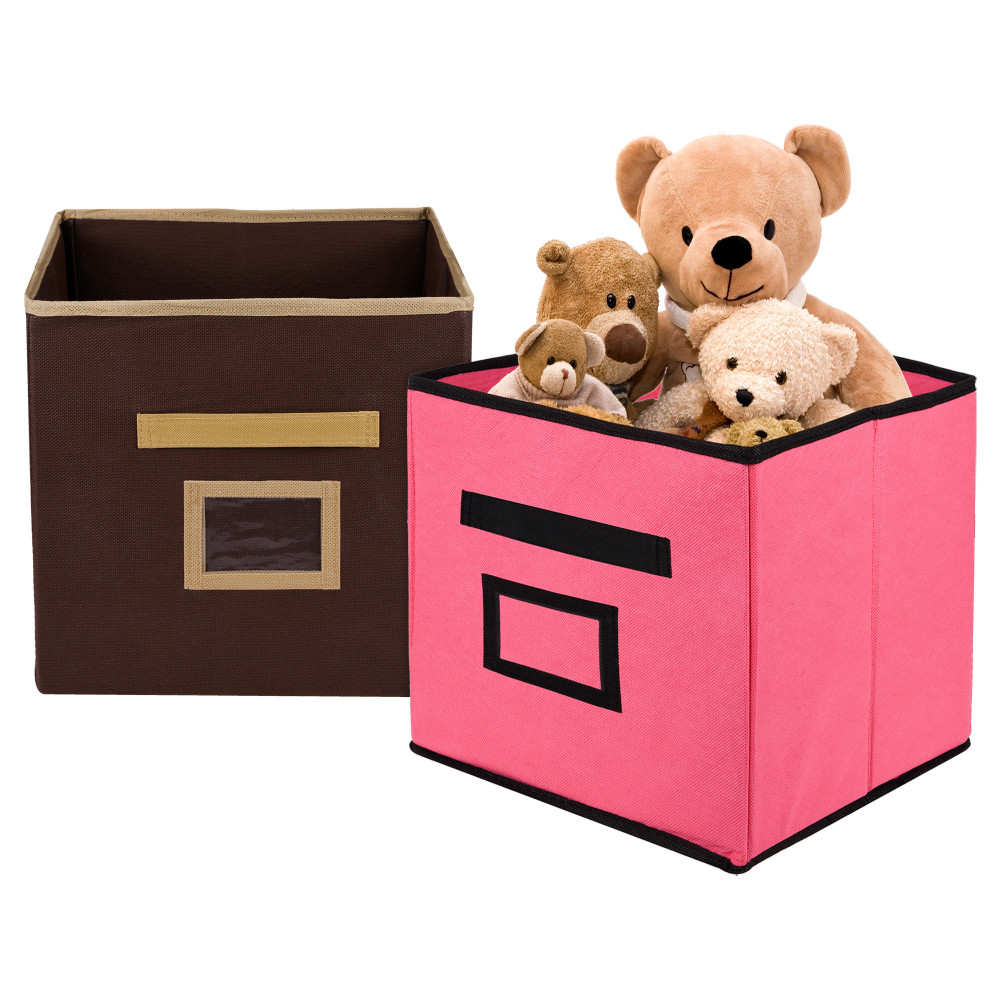 Kuber Industries Storage Box | Square Toy Storage Box | Wardrobe Organizer for Clothes-Books-Toys-Stationary | Drawer Organizer Box with Handle &amp; Name Pocket | Pink &amp; Brown