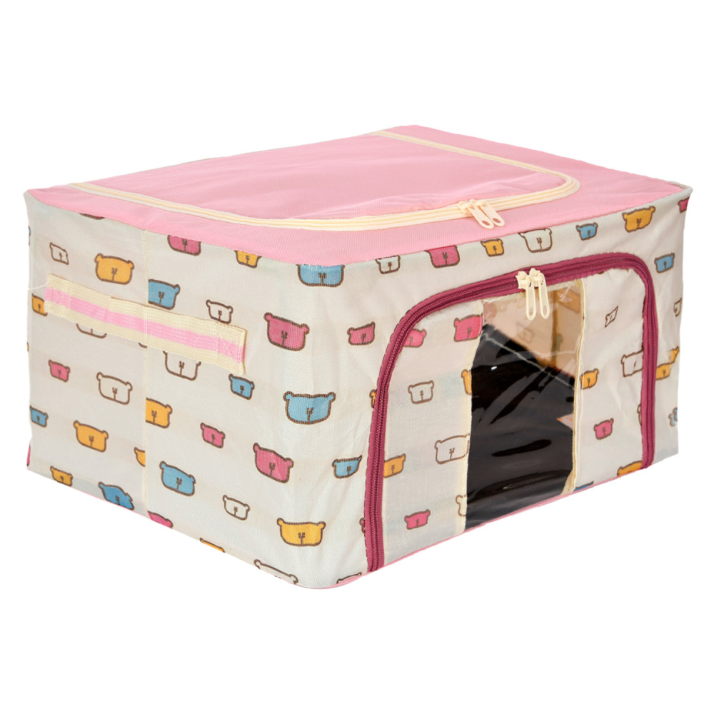Kuber Industries Storage Box | Steel Frame Living Box | Storage Organizer For Clothes | Saree Cover for Woman | Teddy Print Cloth Organizer | 22 Liter | Pink