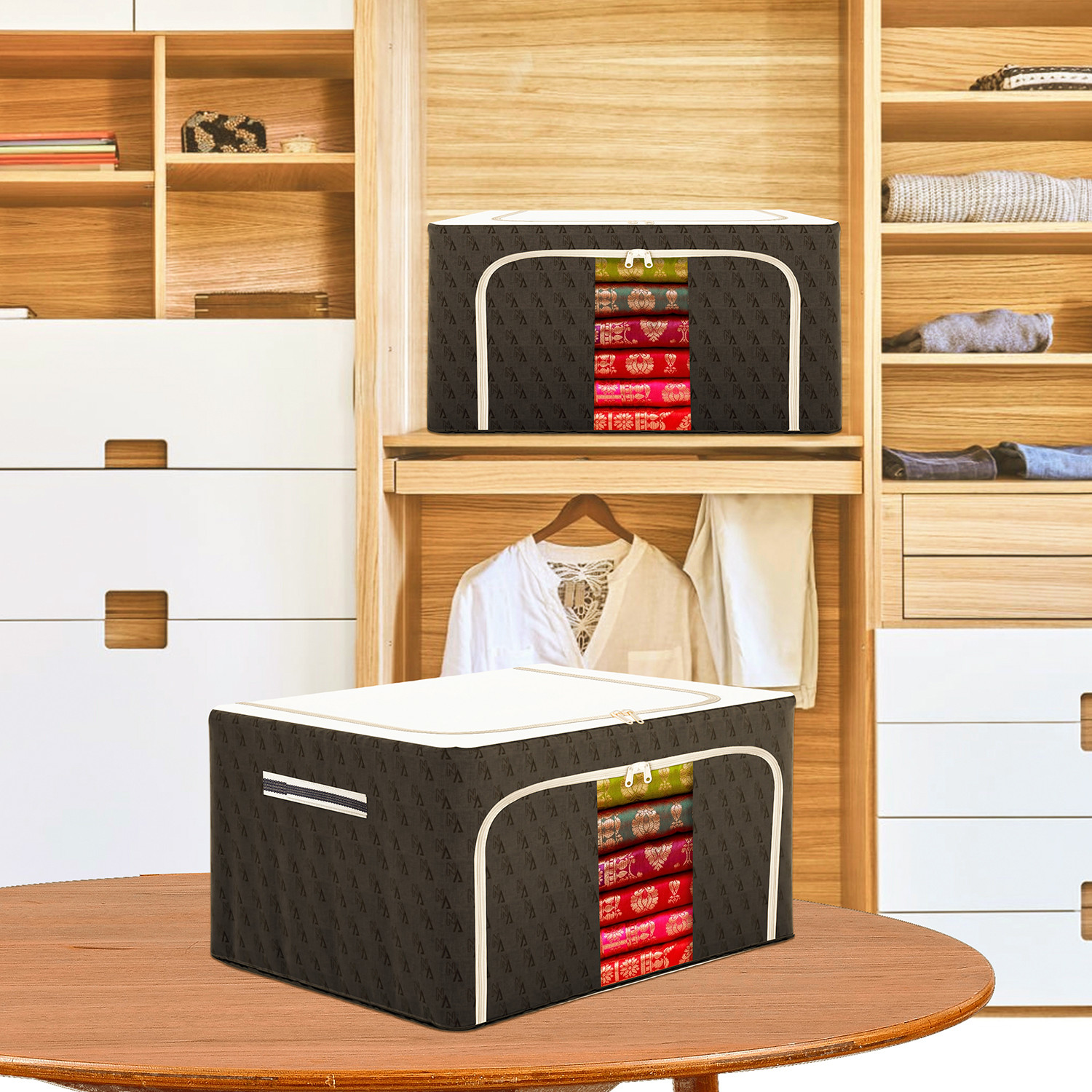 Kuber Industries Storage Box | Steel Frame Storage Box | Clothes Storage Box | Storage Box for Clothes | Blankets | VN Print Living Box | Wardrobe Organizer | 66 Liter | Brown