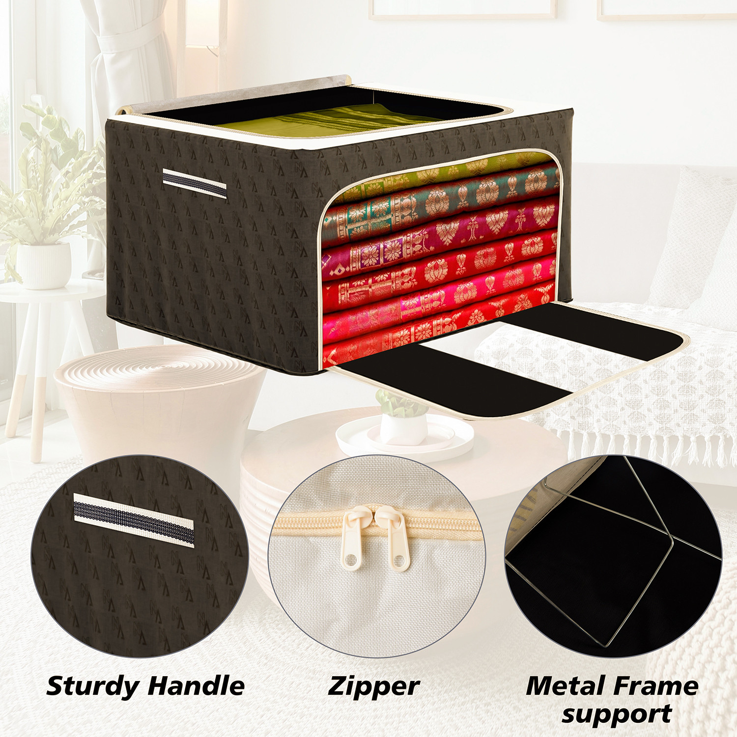 Kuber Industries Storage Box | Steel Frame Storage Box | Clothes Storage Box | Storage Box for Clothes | Blankets | VN Print Living Box | Wardrobe Organizer | 66 Liter | Brown