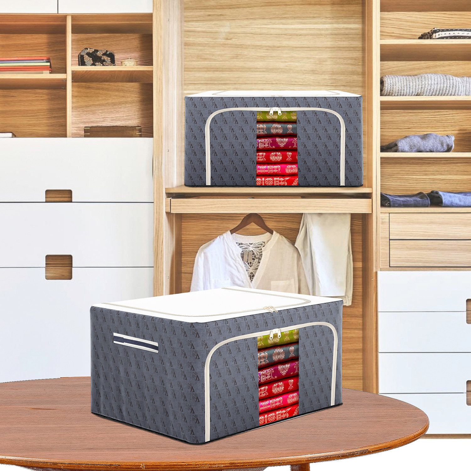 Kuber Industries Storage Box | Steel Frame Storage Box | Clothes Storage Box | Storage Box for Clothes | Blankets | VN Print Living Box | Wardrobe Organizer | 66 Liter | Gray
