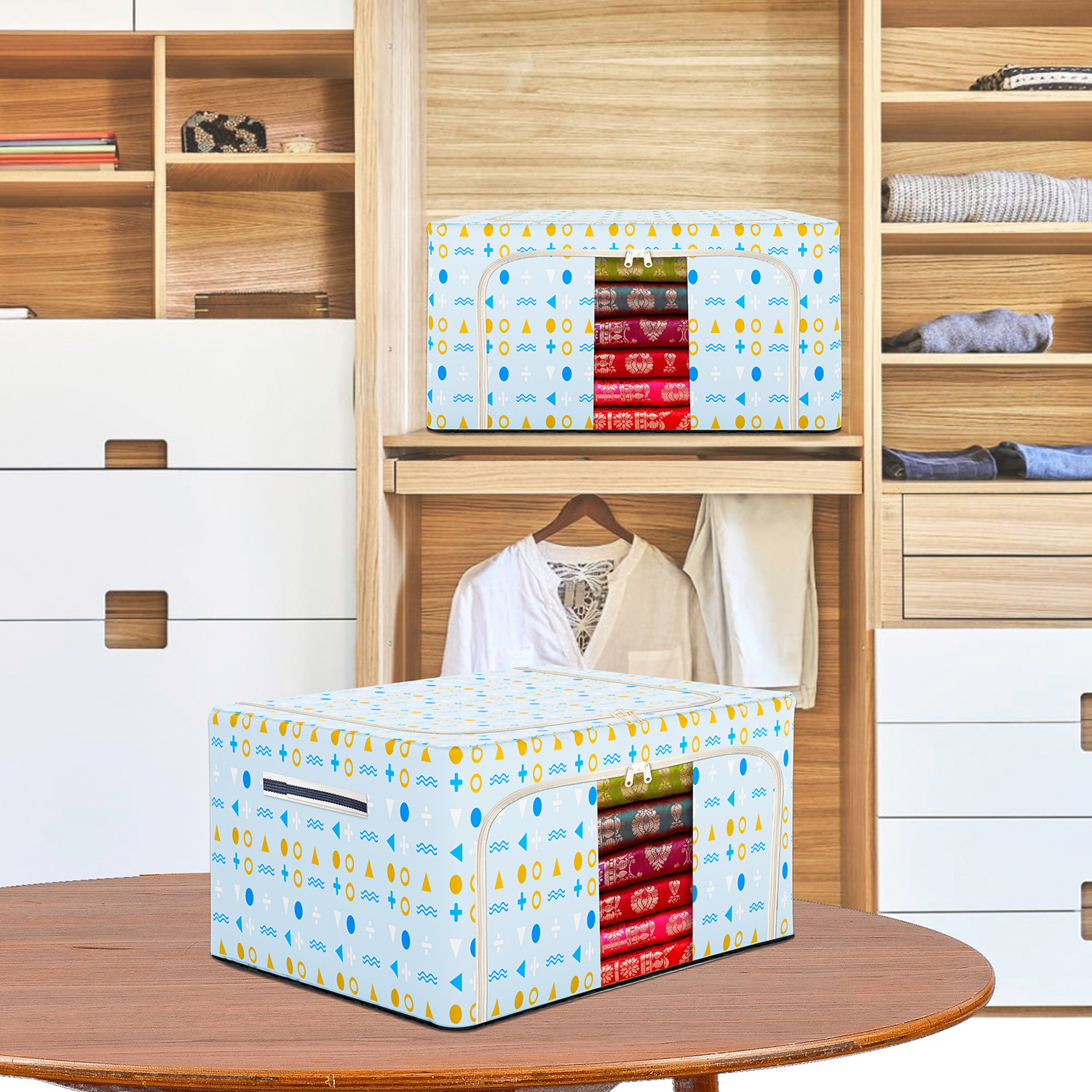 Kuber Industries Storage Box | Steel Frame Storage Box | Clothes Storage Box | Storage Box for Clothes | Blankets | Triangle Living Box | Wardrobe Organizer | 66 Liter | Mint Green
