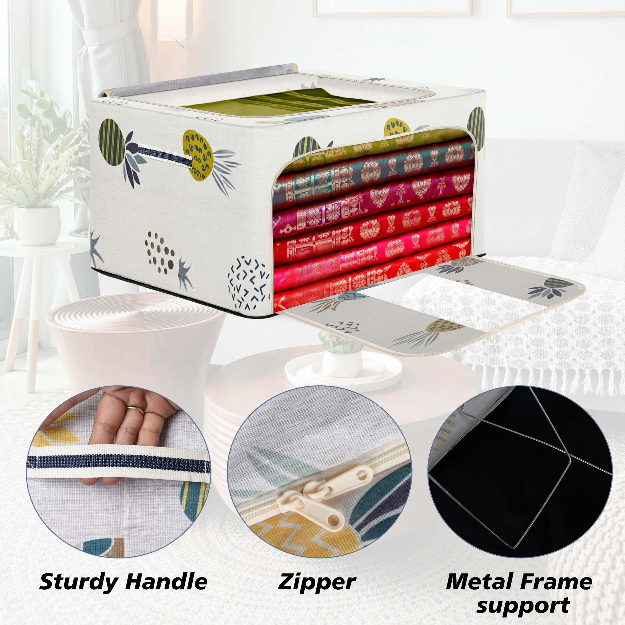Kuber Industries Storage Box | Steel Frame Storage Box | Clothes Storage Box | Storage Box for Clothes | Blankets | Pineapple Print Living Box | Wardrobe Organizer | 66 Liter | Cream