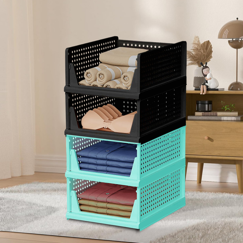 Kuber Industries Storage Organizer | Wardrobe Organizer | Cloth Organizer | Foldable Shirt Stacker Box for Almirah | Closet Storage Basket | Large | Pista Green &amp; Black