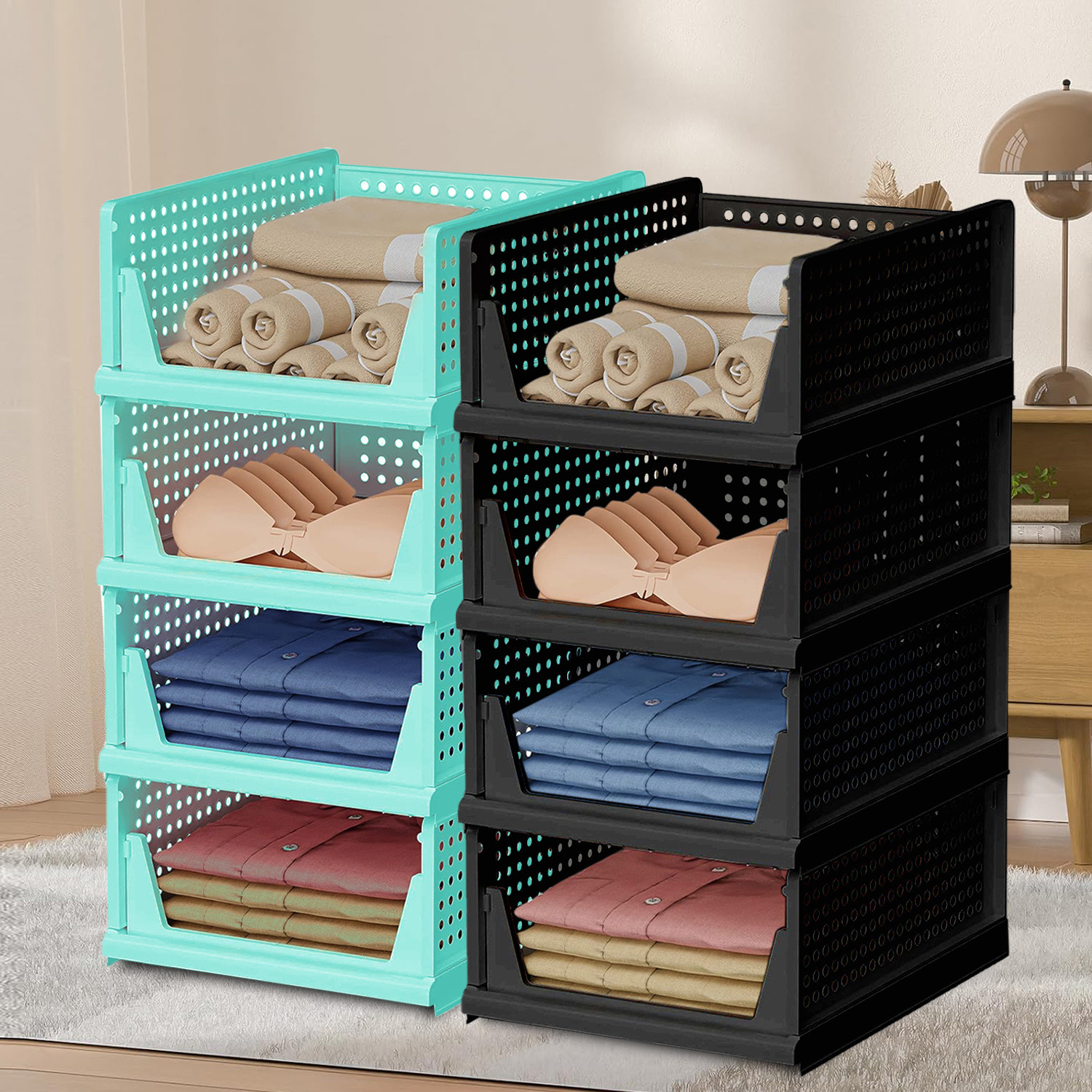 Kuber Industries Storage Organizer | Wardrobe Organizer | Cloth Organizer | Foldable Shirt Stacker Box for Almirah | Closet Storage Basket | Large | Pista Green & Black