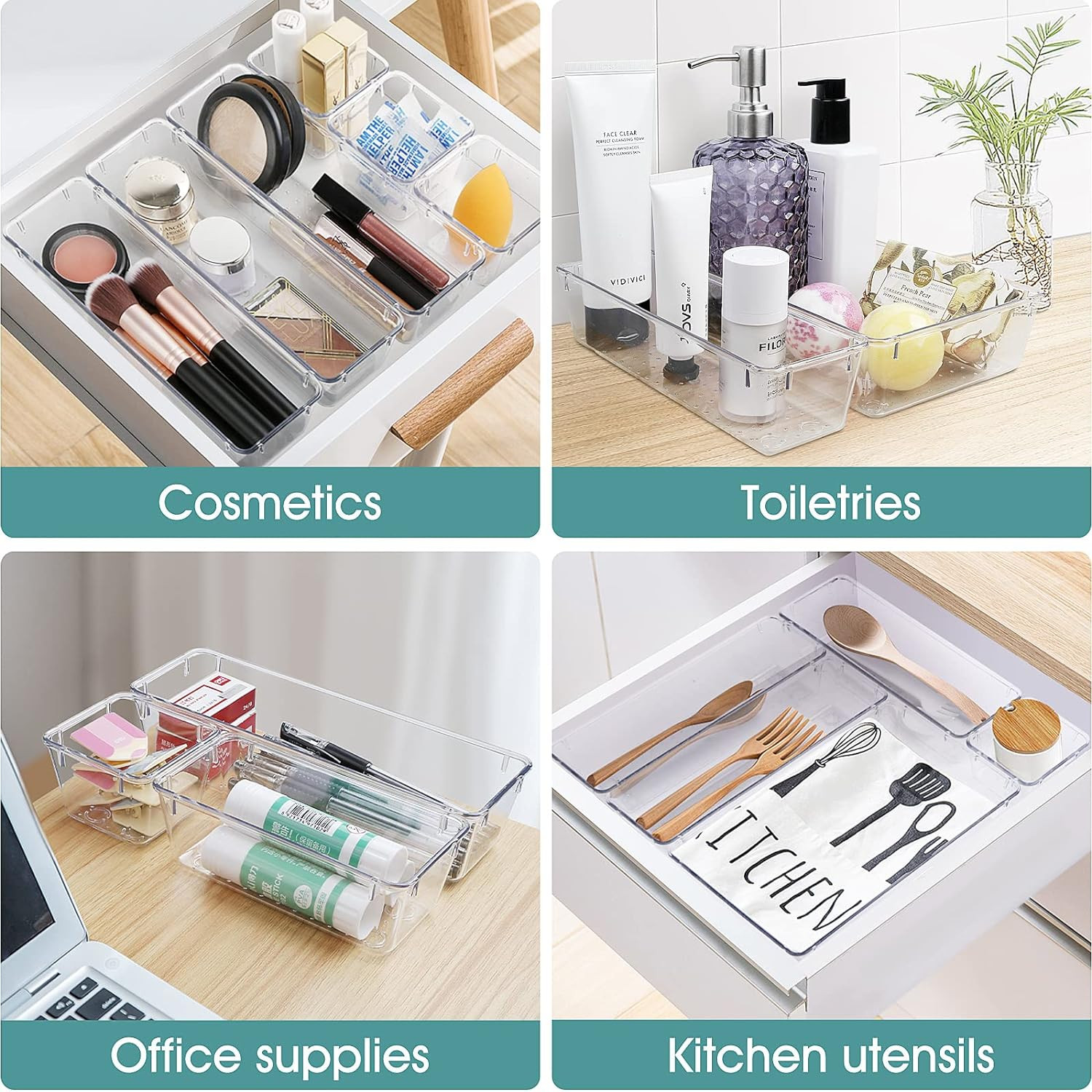 Kuber Industries Storage Organizer Set | Kitchen Organizer | Makeup Organizer Tray Set | Desk Drawer Divider Tray | Multi-Purpose Organizer Set | Stationery Organizer |Transparent