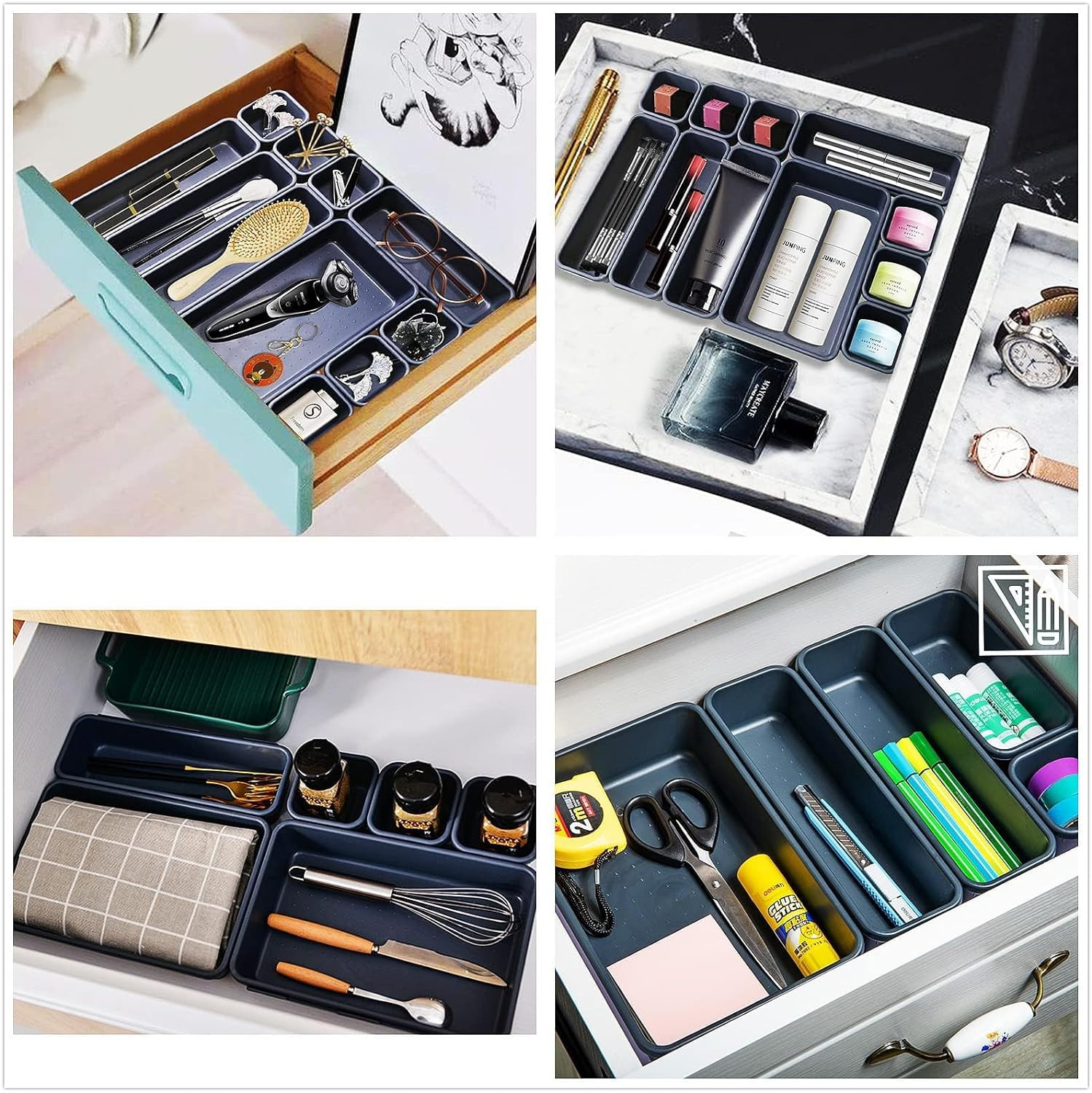 Kuber Industries Storage Organizer Set | Kitchen Organizer | Makeup Organizer Tray Set | Desk Drawer Divider Tray | Multi-Purpose Stationery Organizer with Interlock |Black