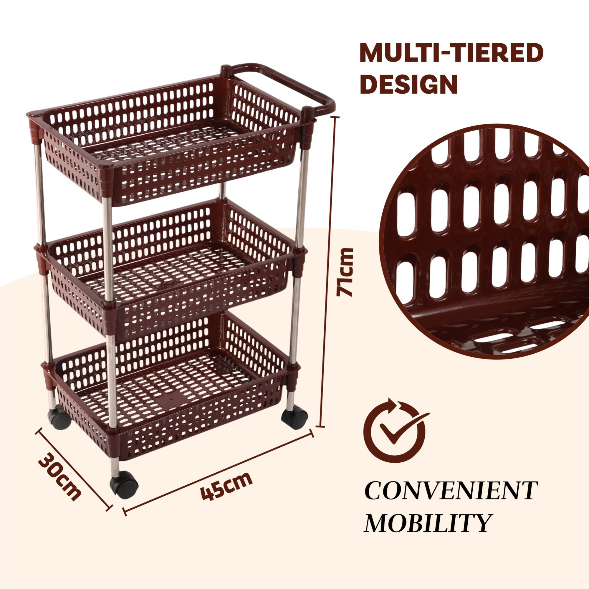 Kuber Industries Storage Rack with Wheels | 3-Shelf Storage Organizer Rack | Multipurpose Storage Trolley Rack for Kitchen-Home-office | Revolving Vegetable Storage Trolley | Brown