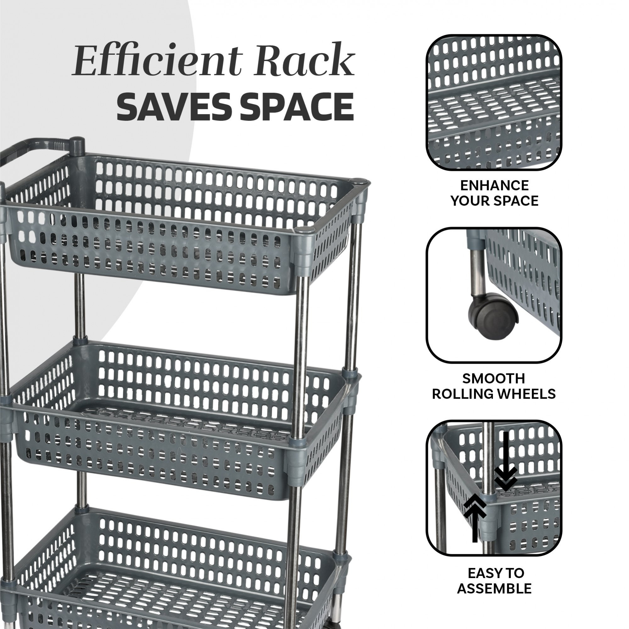 Kuber Industries Storage Rack with Wheels | 3-Shelf Storage Organizer Rack | Multipurpose Storage Trolley Rack for Kitchen-Home-office | Revolving Vegetable Storage Trolley | Gray
