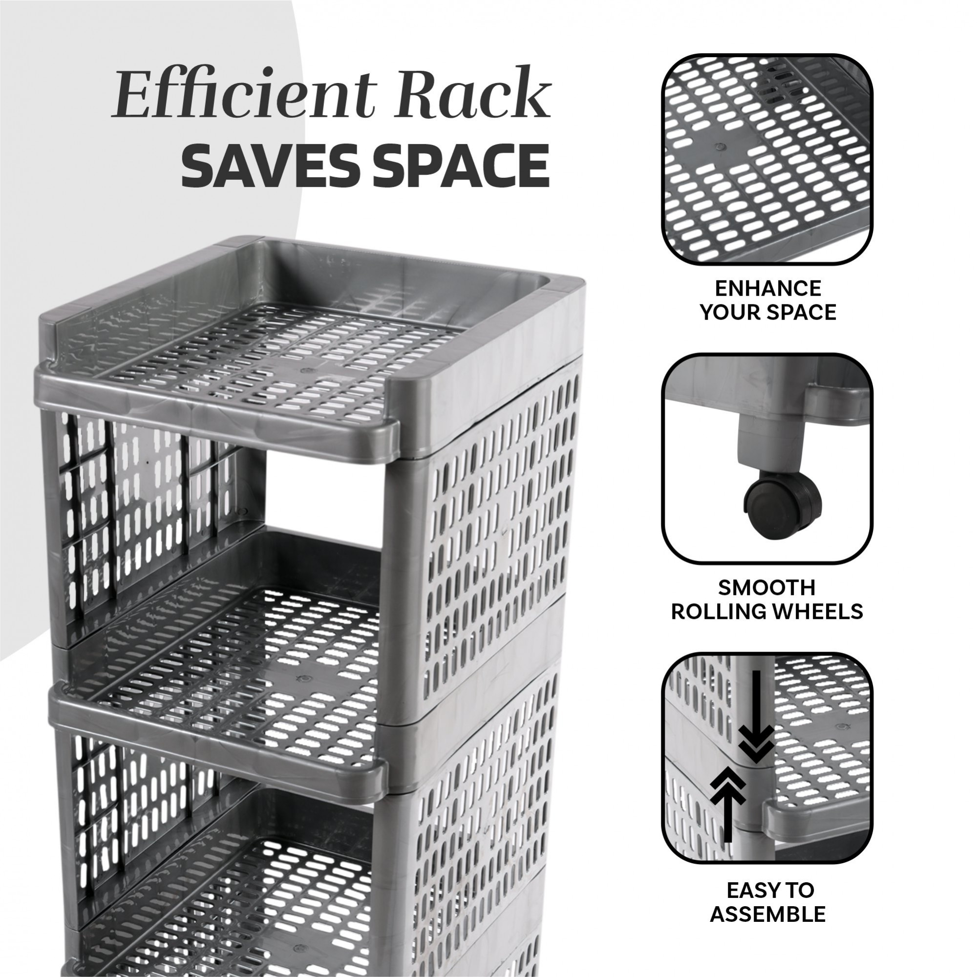 Kuber Industries Storage Rack with Wheels | 4-Shelf Storage Organizer Rack | Multipurpose Shelf Storage Trolley Rack for Kitchen-Home-office | Office Storage Trolley | Gray