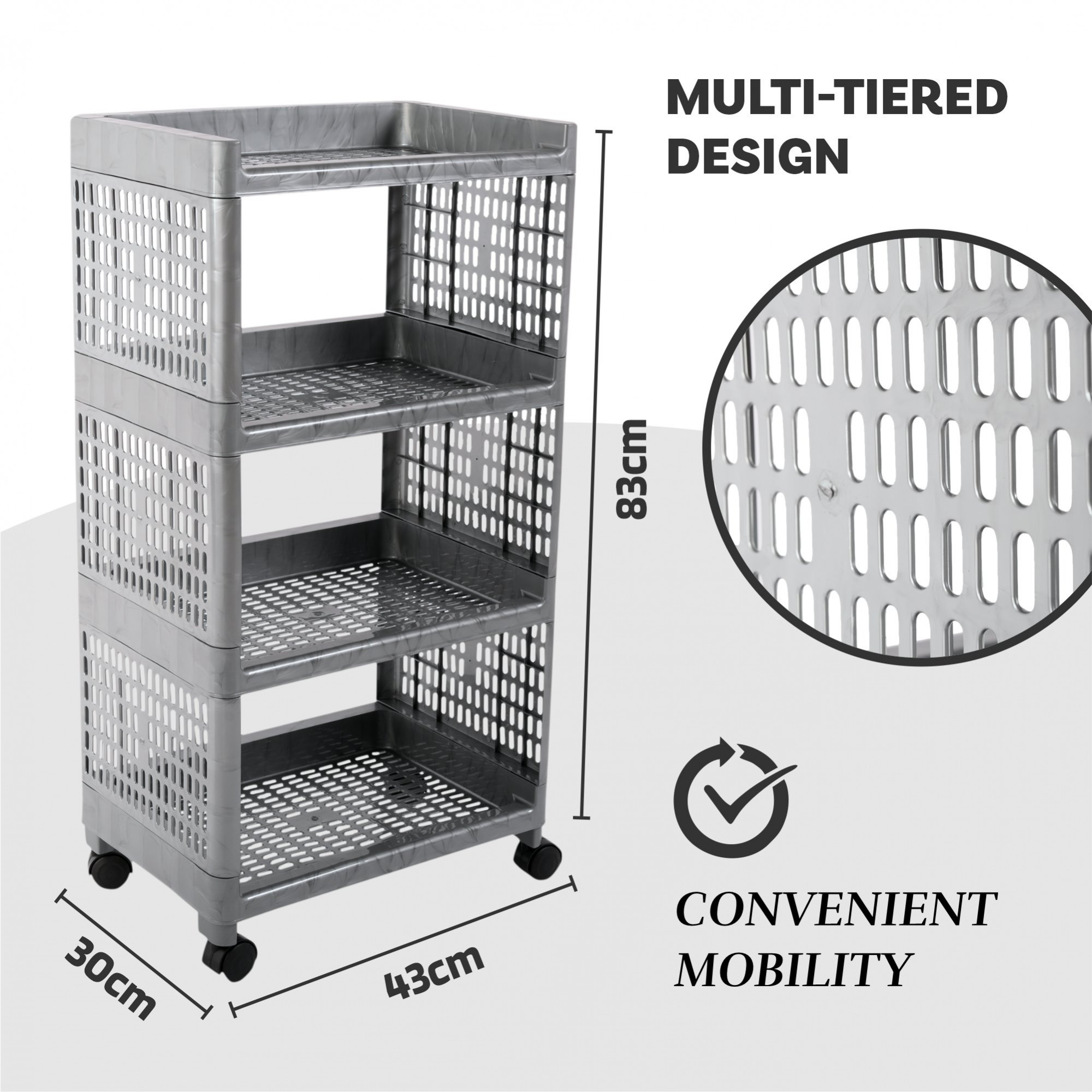 Kuber Industries Storage Rack with Wheels | 4-Shelf Storage Organizer Rack | Multipurpose Storage Trolley Rack for Kitchen-Home-office | Vegetable Storage Trolley | Gray