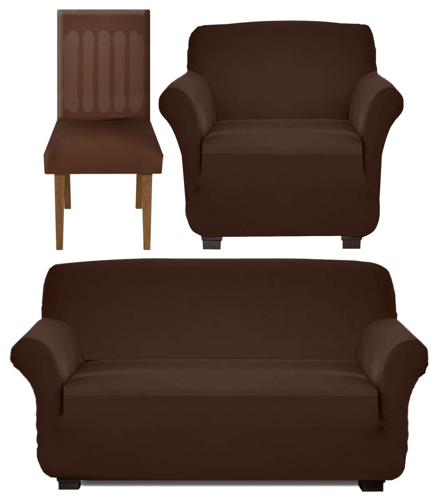 Kuber Industries Stretchable, Non-Slip Polyster 1 &amp; 3 Seater Sofa Cover &amp; Chair Cover Set, Set of 3 (Brown)