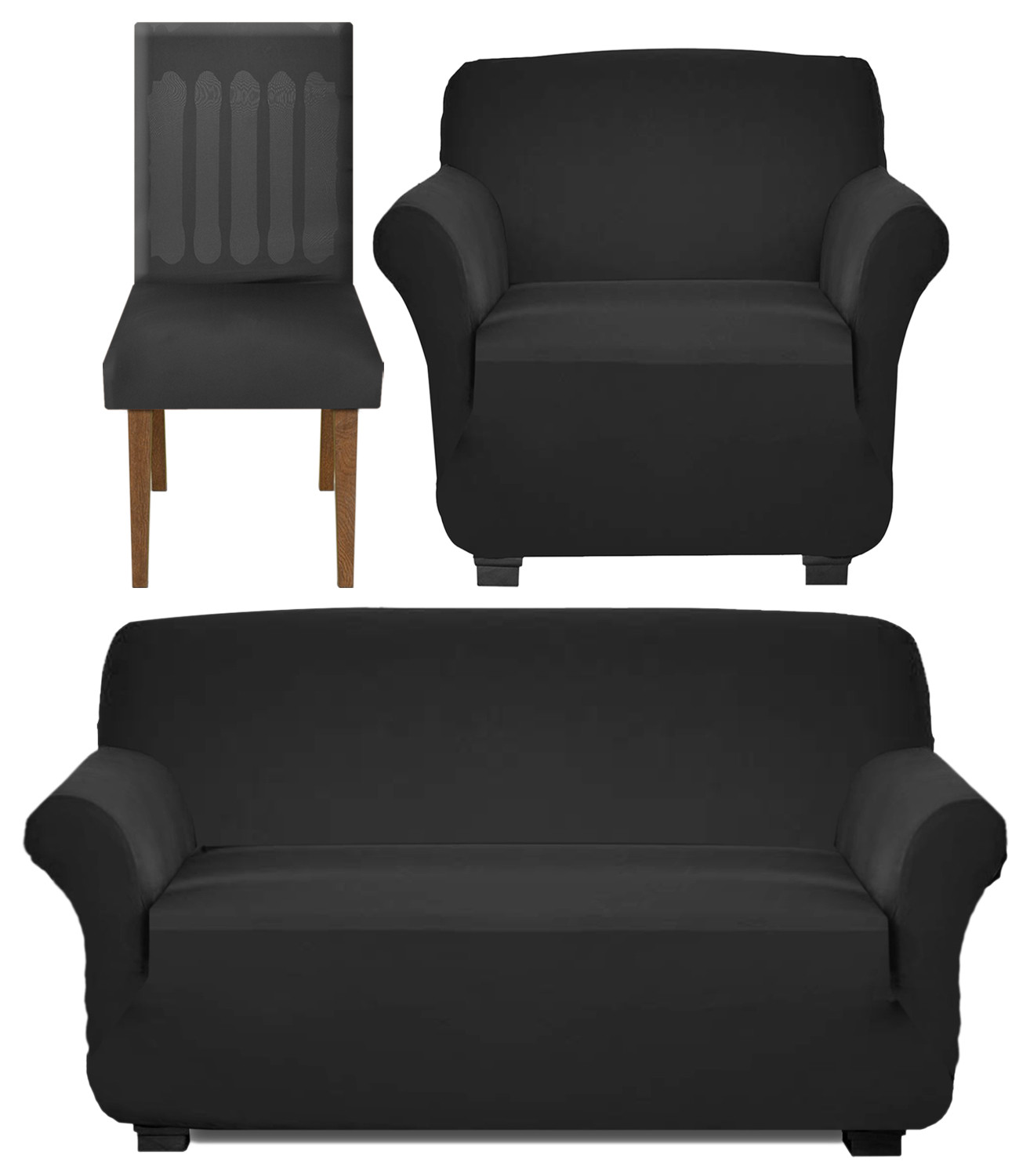 Kuber Industries Stretchable, Non-Slip Polyster 1 & 3 Seater Sofa Cover & Chair Cover Set, Set of 3 (Black)