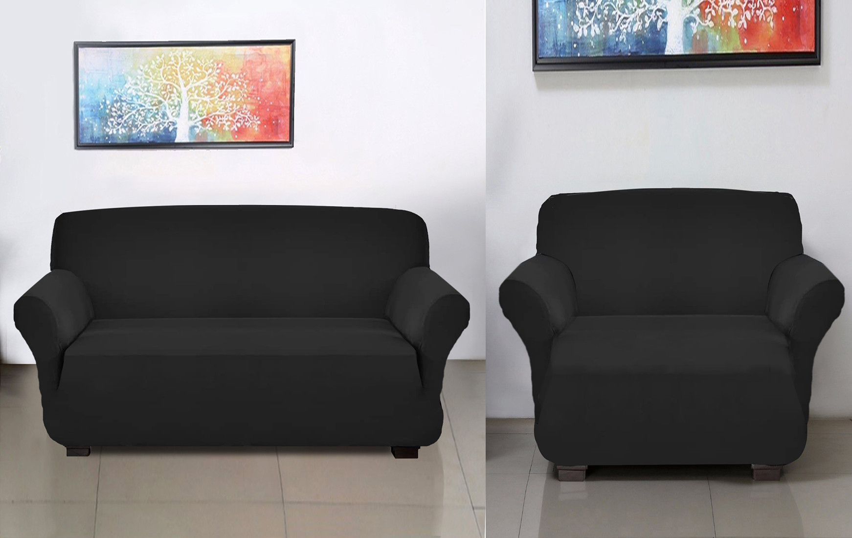 Kuber Industries Stretchable, Non-Slip Polyster 1 & 3 Seater Sofa Cover/Slipcover/Protector Set With Foam Stick, Set of 2 (Black)