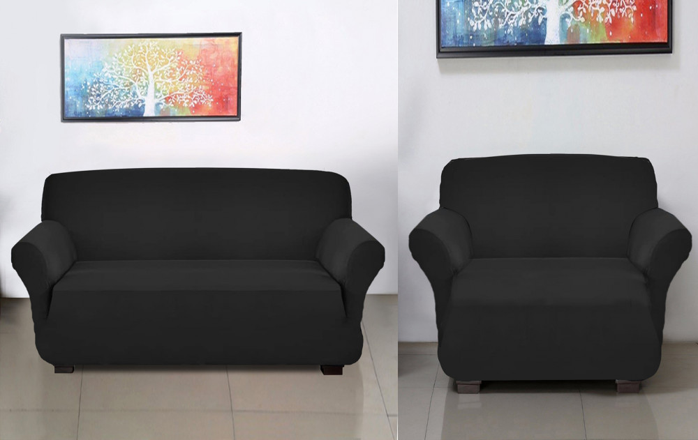 Kuber Industries Stretchable, Non-Slip Polyster 1 &amp; 3 Seater Sofa Cover/Slipcover/Protector Set With Foam Stick, Set of 2 (Black)