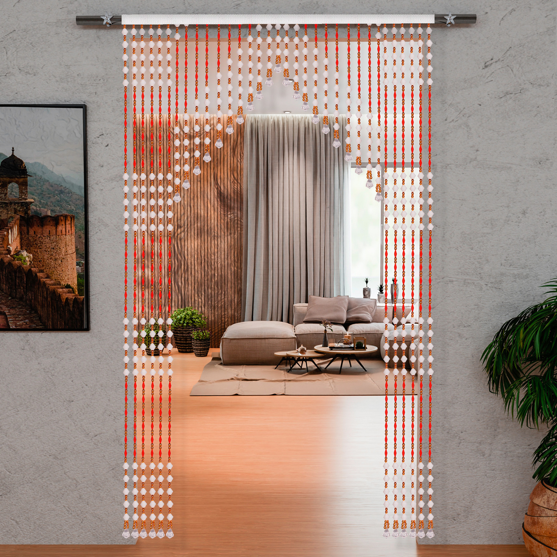 Kuber Industries String Curtain | Fancy Sparkling Door Curtains for Home Décor | Pooja Room String Curtains | String Beads Sheer Curtains | Angura Temple Curtain | 4x7 Feet | White & Red