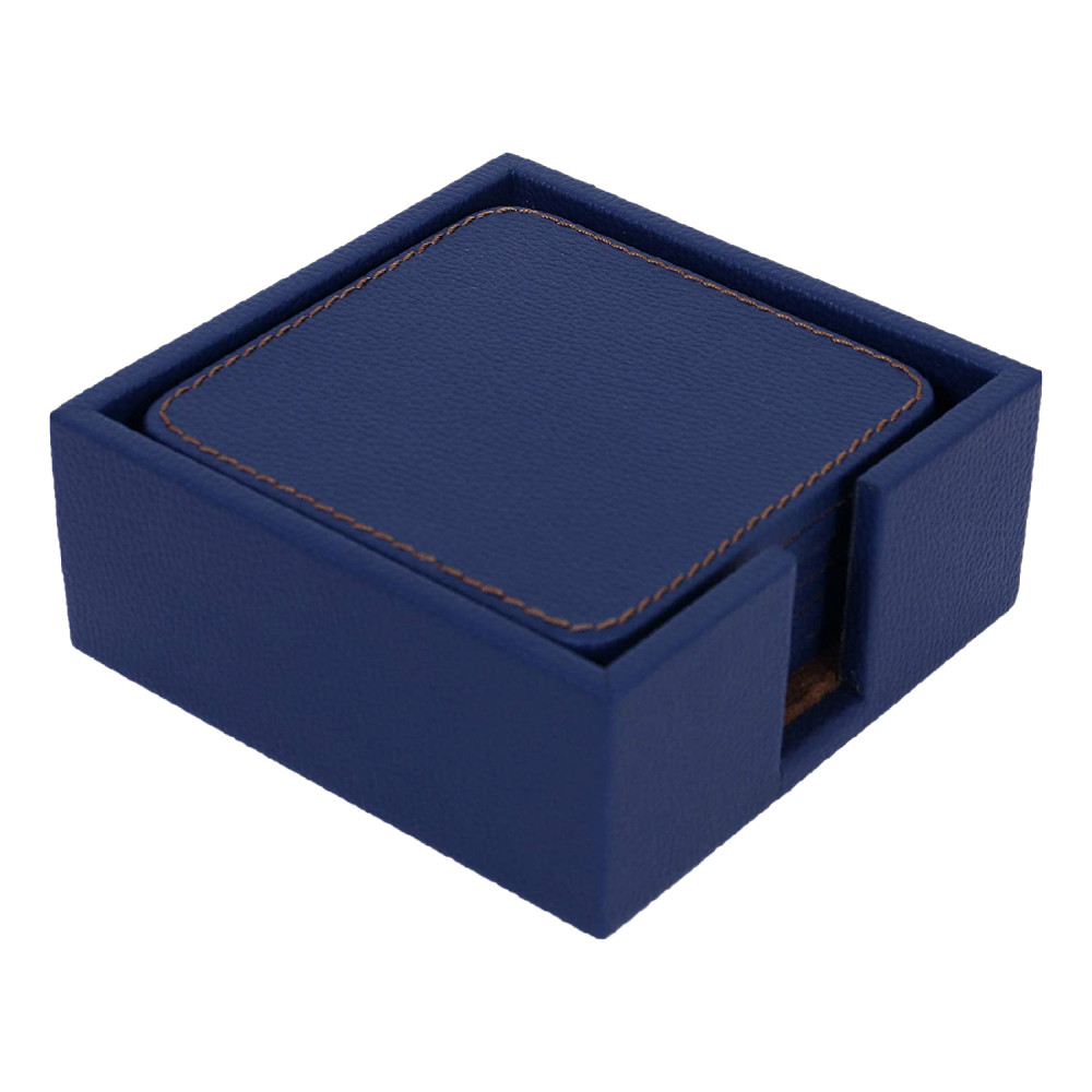 Kuber Industries Tea Coaster|Soft Leather Heat Insulation Tabletop Coasters|Decorative Holder for Tea, Coffee &amp; Office Desk With Stand Set of 6 (Blue)