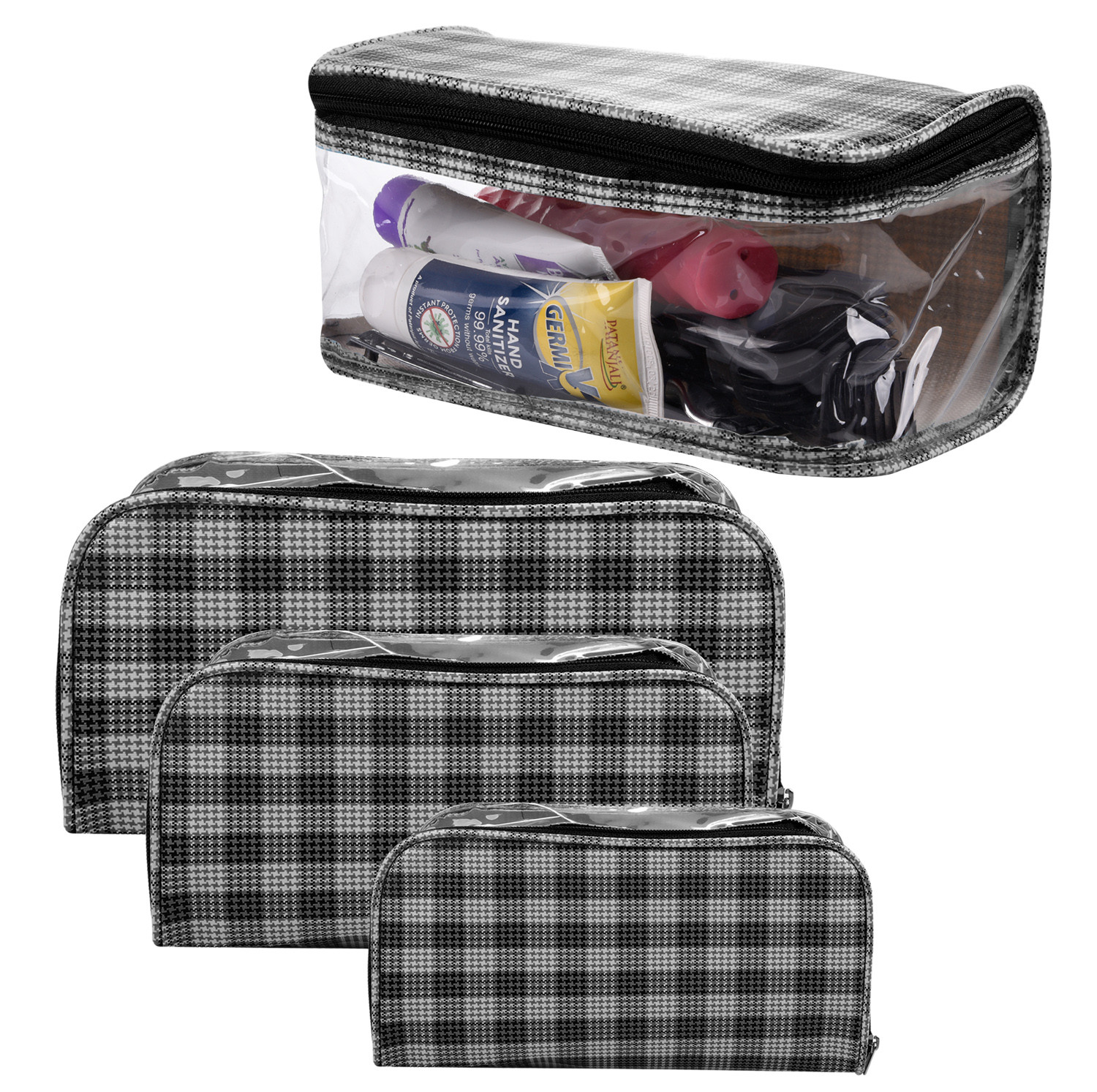 Kuber Industries Toiletry Organizer|4 Piece Vanity & Cosmetic Pouch Set|PVC Check Print Transparent Travel Organizer with Handle for Men & Women (Gray)