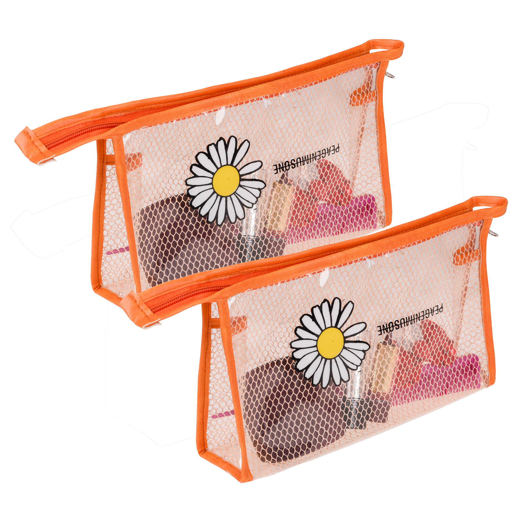Kuber Industries Toiletry Pouch | Cosmetic Makeup Pouch | Vanity Pouch for Woman | Makeup Accessories Pouch | Transparent Net Pouch | Sunflower-Cosmetic Pouch | Orange