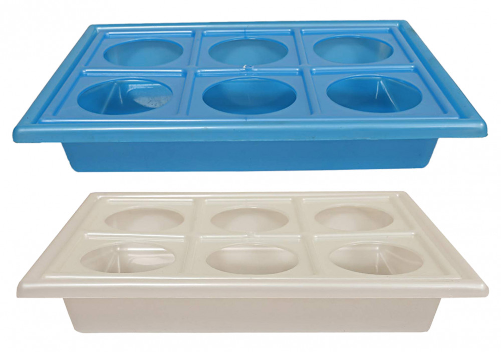 Kuber Industries Tray with Cutout Handles, Cup Display for Kitchenware, Plastic Glass Holder, One Size, 6 Slots-Pack of 2 (Blue &amp; White)