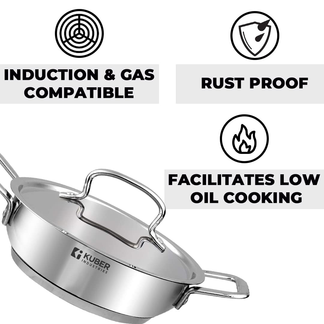 Kuber Industries Tri-ply Stainless Steel Kadhai with lid I Induction Base I 2.2 litres Capacity I 22cm Diameter I Extra Deep Frying Pan I Riveted Handles