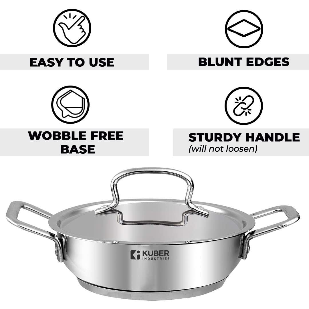 Kuber Industries Tri-ply Stainless Steel Kadhai with lid I Induction Base I 2.2 litres Capacity I 22cm Diameter I Extra Deep Frying Pan I Riveted Handles