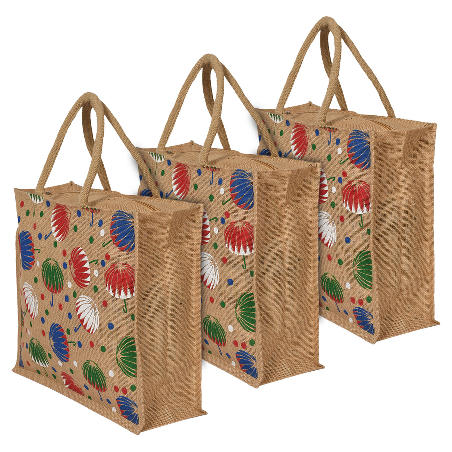Kuber Industries Umbrella Print Jute Reusable Eco-Friendly Hand Bag/Grocery Bag For Man, Woman With Handle (Brown) 54KM4366