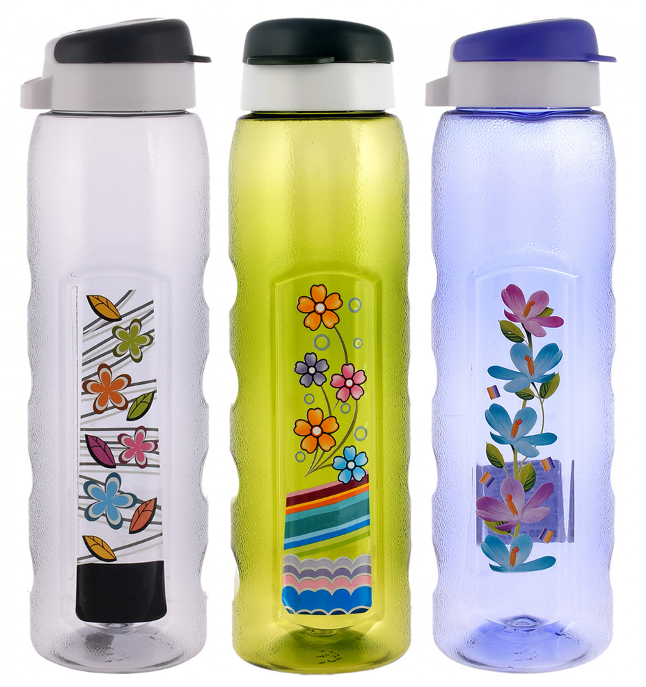 Kuber Industries Unbreakable BPA &amp; Leak Free Plastic Water Bottle With Sipper- 1 Litre, Pack of 3 (Pruple &amp; Green &amp; Black)