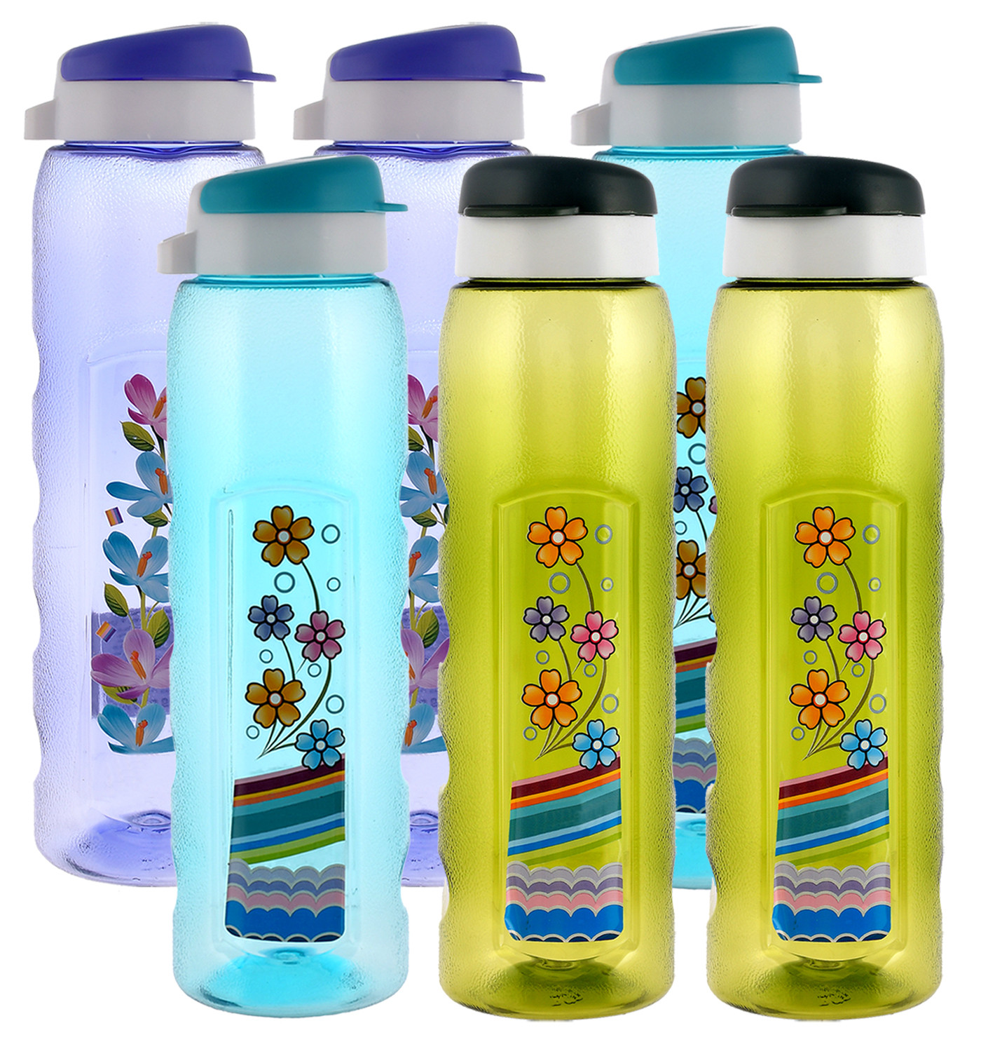 Kuber Industries Unbreakable BPA & Leak Free Plastic Water Bottle With Sipper- 1 Litre, Pack of 6 (Pruple & Sky Blue & Green)
