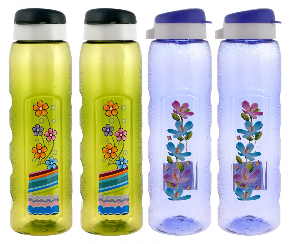 Kuber Industries Unbreakable BPA &amp; Leak Free Plastic Water Bottle With Sipper-1 Litre, Pack of 4 (Pruple &amp; Green)