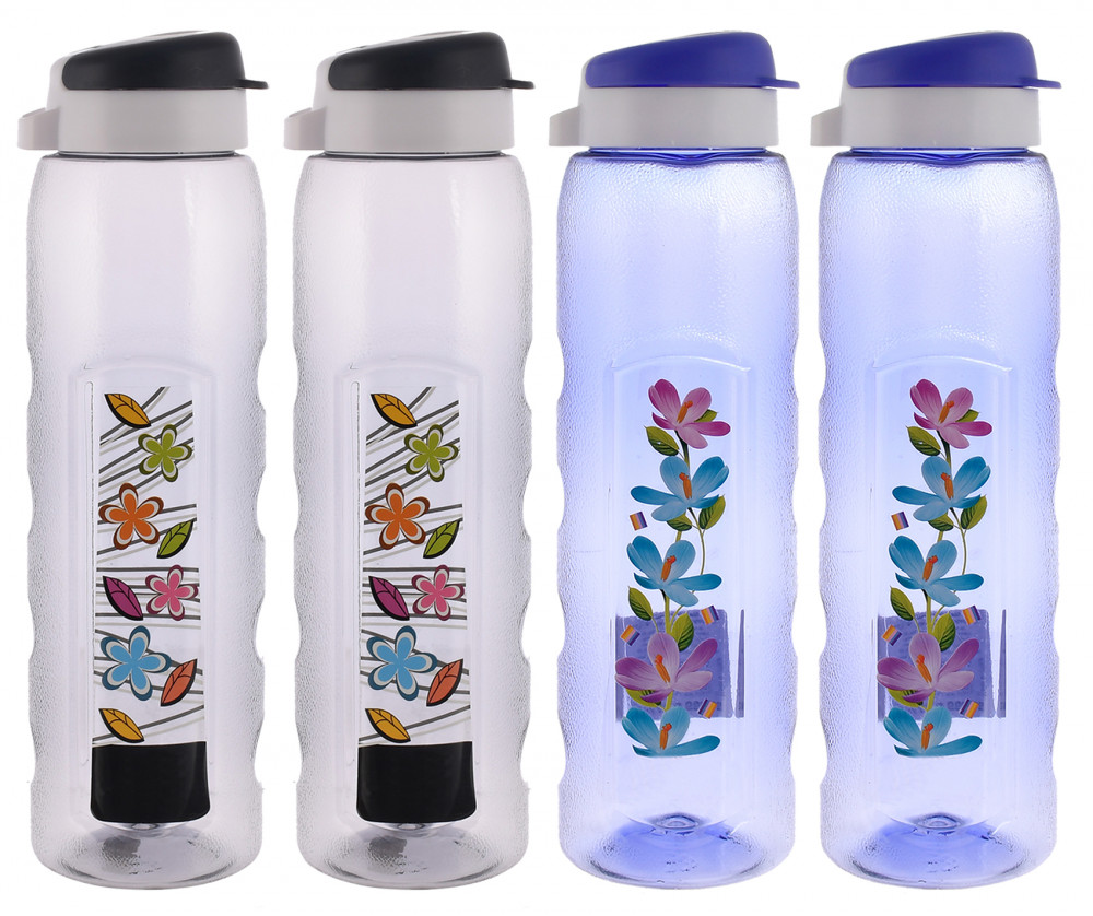 Kuber Industries Unbreakable BPA &amp; Leak Free Plastic Water Bottle With Sipper-1 Litre, Pack of 4 (Pruple &amp; Black)