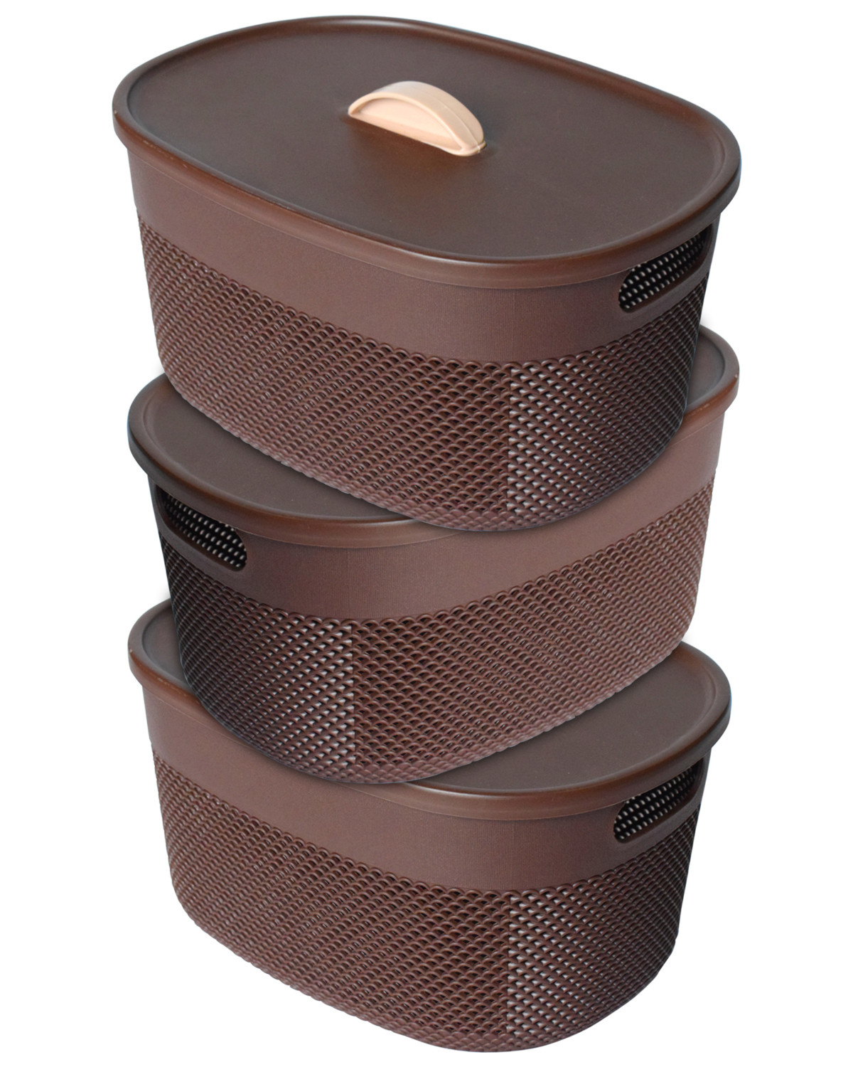 Kuber Industries Unbreakable Large Multipurpose Storage Baskets with lid|Design-Netted|Material-Plastic|Shape-Oval|Color-Brown