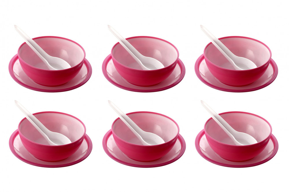 Kuber Industries Unbreakable Plastic Microwave Safe Round Shape Soup Bowls &amp;  Plates with Soup Spoons Set ,350 Ml (Pink)-KUBMART1586