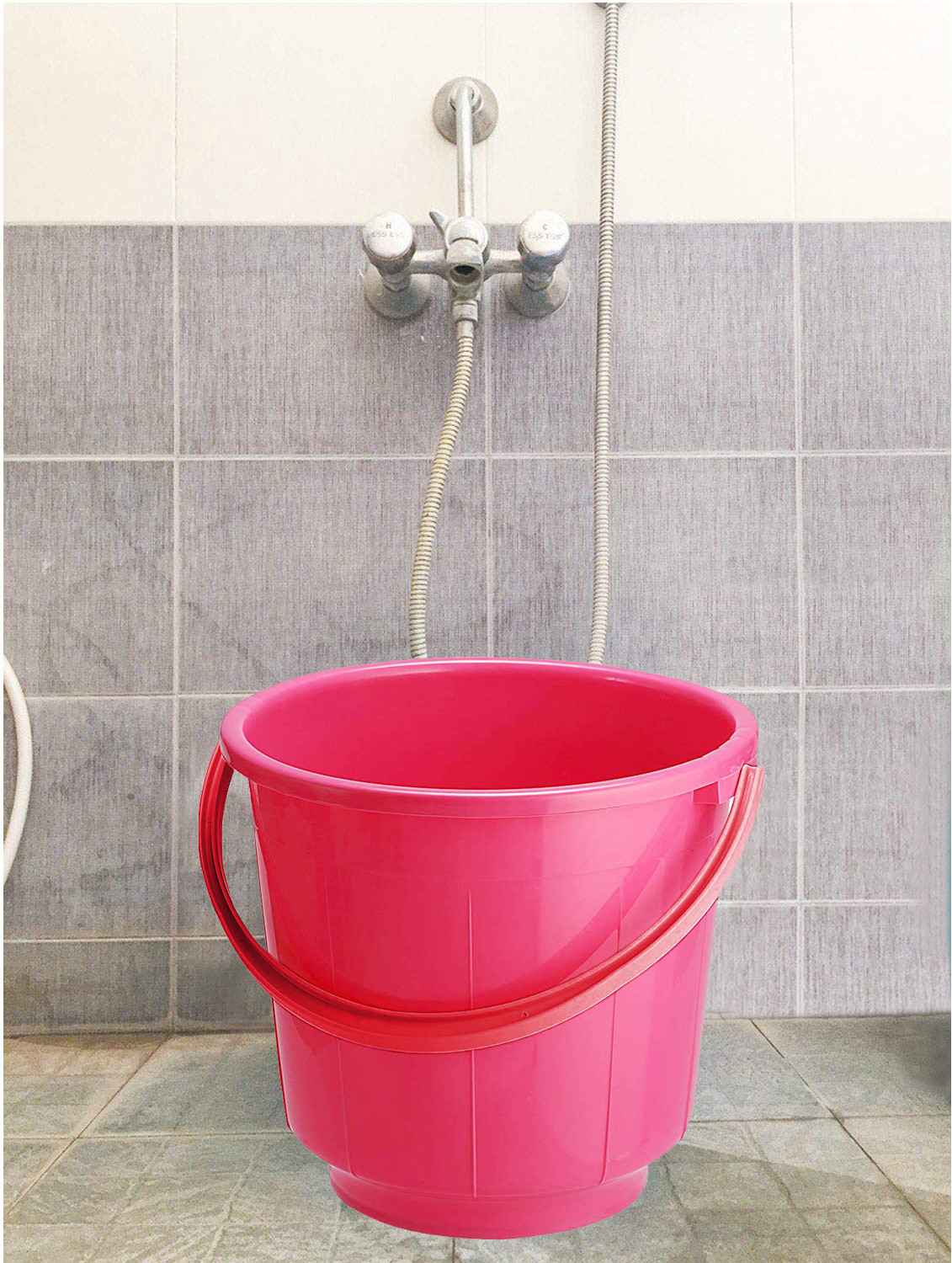 Kuber Industries Unbreakable Strong Plastic Bathroom Bucket 13 Ltr (Green & Pink & Cream) -CTKTC37925