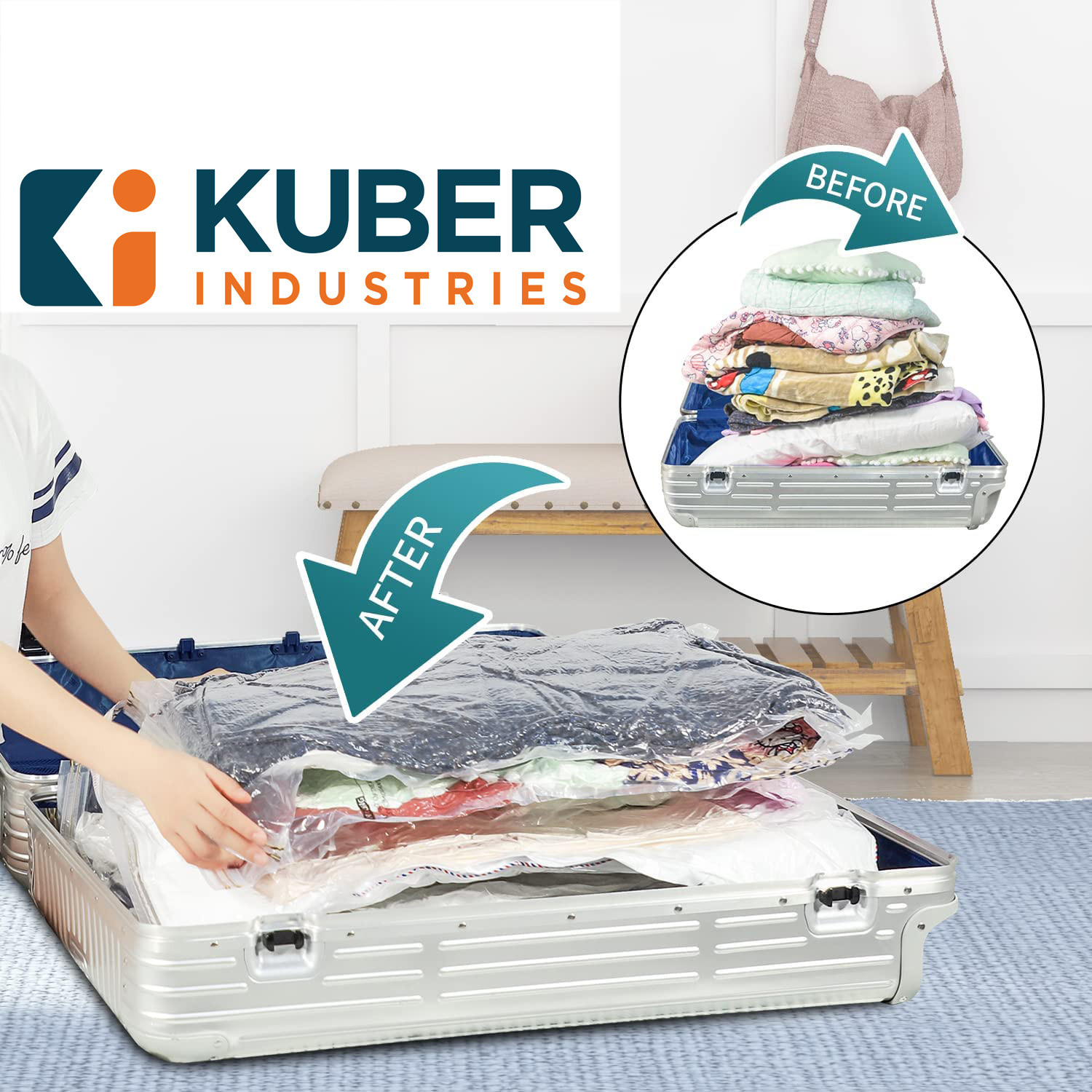 Kuber Industries Vacuum Storage Bags|Space Saver Bags|Travel Vacuum Storage Seal Bags for Comforters Blankets Clothes Pillows With Hand Pump,50x60 cm,(Transparent)