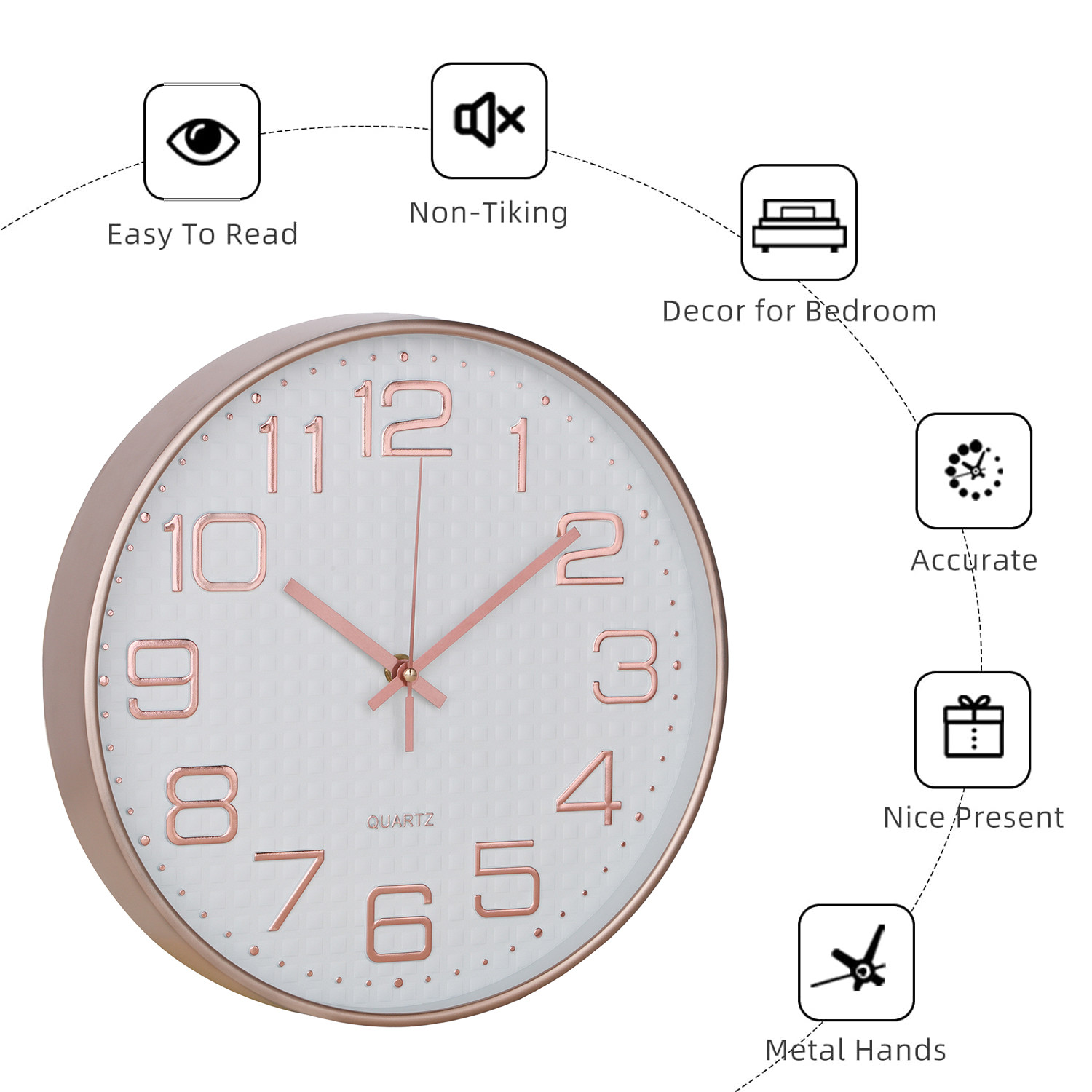 Kuber Industries Wall Clock | Fancy Watch Wall Clocks | Office Wall Clock | Clock for Living Room | Clock for Bedroom | Clock for Hall | Machinery-Quartz | 12 Inch | L-Rose Gold