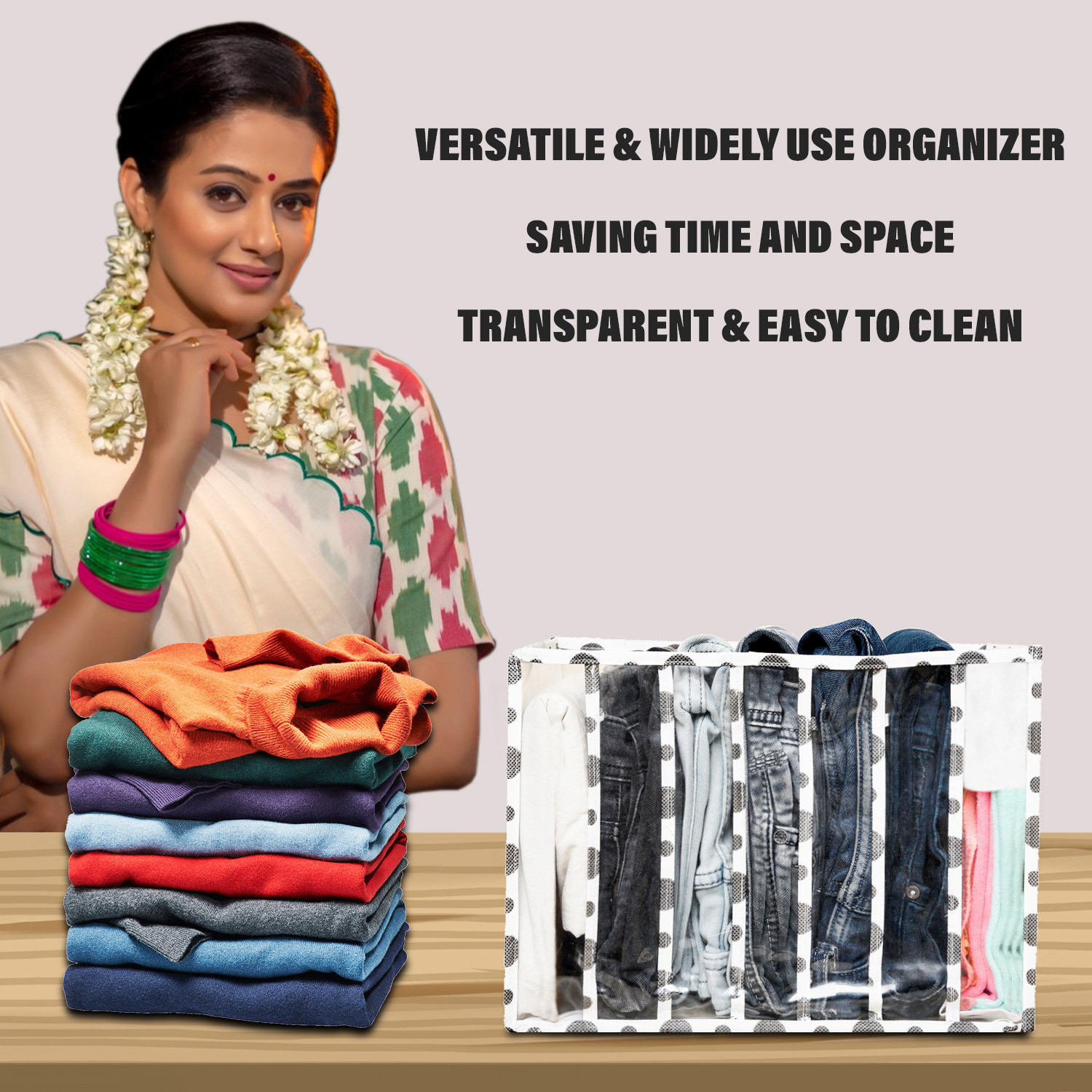 Kuber Industries Wardrobe Cloth Organizer | PVC .40mm Black Polka Dot Drawer Organizer | 7 Grids Foldable | Clear Transparent for T-shirts | Trousers | Socks | White