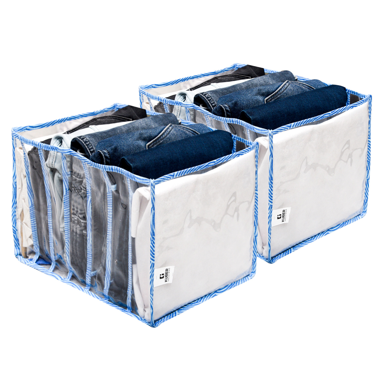 Kuber Industries Wardrobe Cloth Organizer | PVC .40mm Blue Zig Zag Drawer Organizer | 7 Grids Foldable | Clear Transparent for T-shirts | Trousers | Socks | Blue