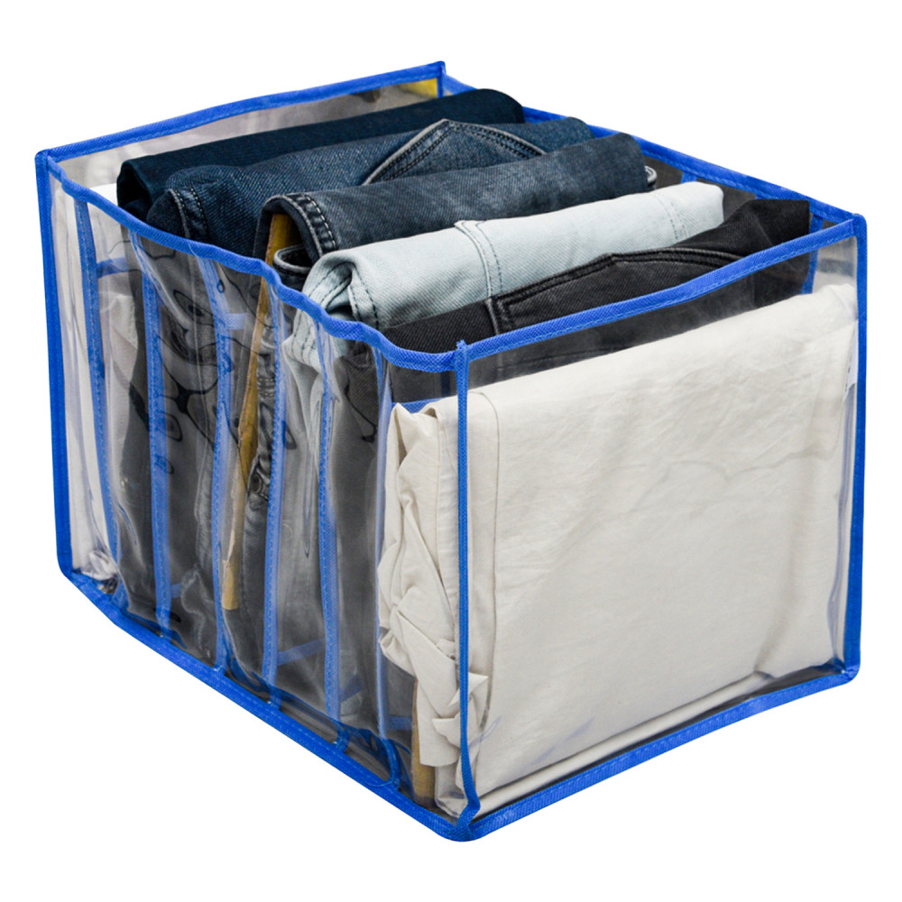 Kuber Industries Wardrobe Cloth Organizer | PVC .40mm Drawer Organizer | 7 Grids Foldable | Clear Transparent for T-shirts | Trousers | Socks | Blue