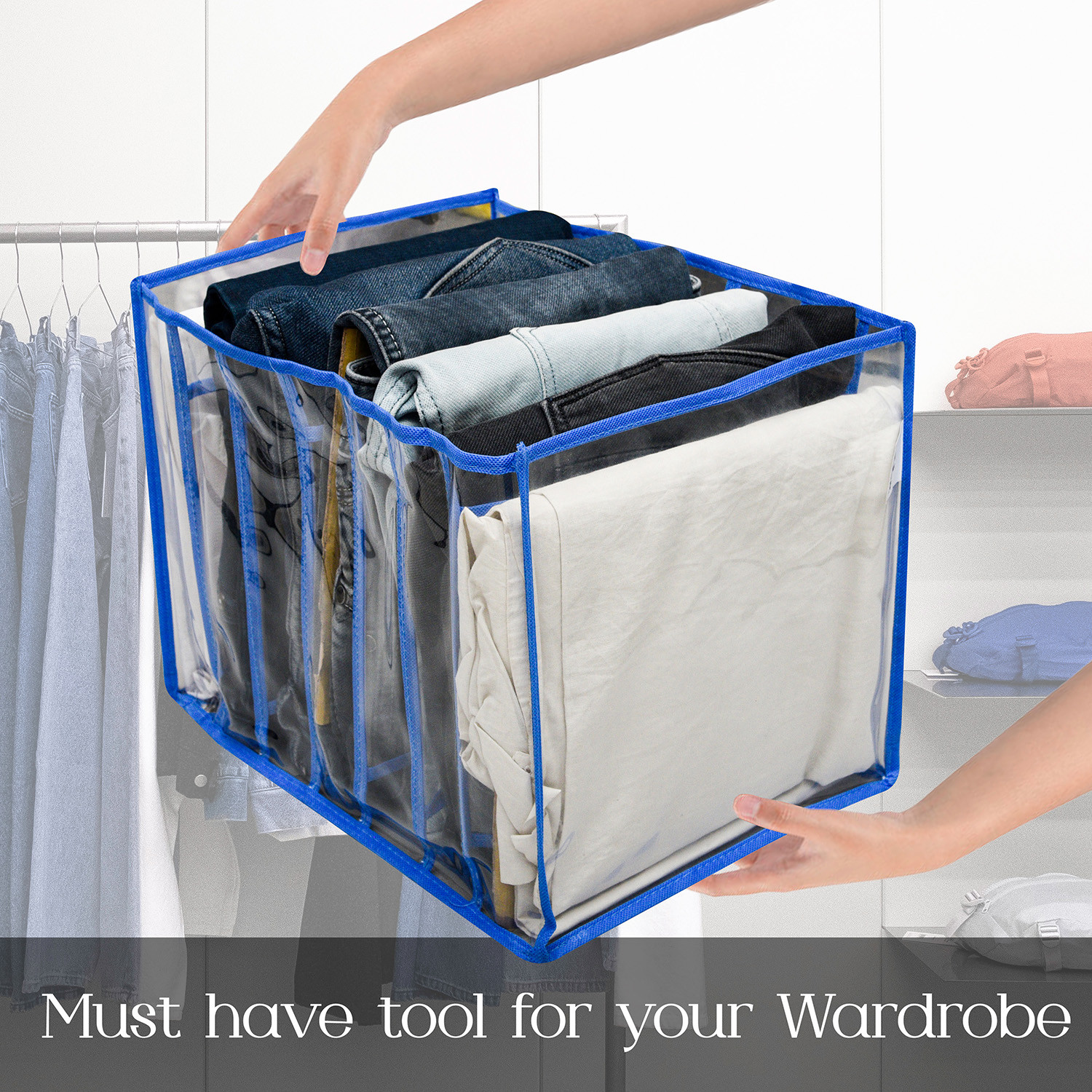Kuber Industries Wardrobe Cloth Organizer | PVC .40mm Drawer Organizer | 7 Grids Foldable | Clear Transparent for T-shirts | Trousers | Socks | Blue