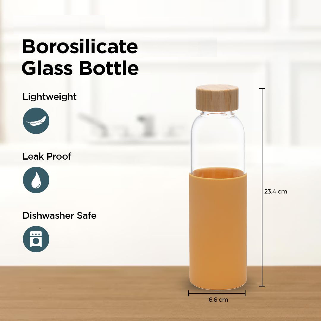 Kuber Industries Water Bottle | Glass Bottle | Sleeve Protection Bottle | Bamboo Lid Water Bottle | Travel Round Bottle | XB5501-YEL | 550 ML | Yellow