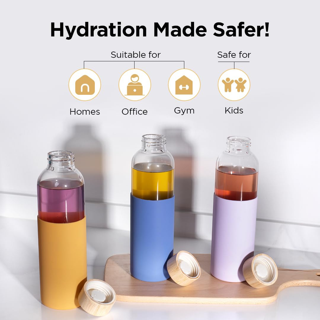 Kuber Industries Water Bottle | Glass Bottle | Sleeve Protection Bottle | Bamboo Lid Water Bottle | Travel Round Bottle | XB5501-YEL | 550 ML | Yellow