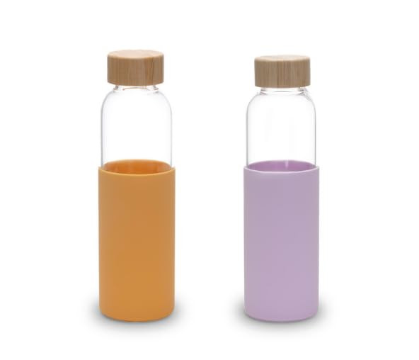 Kuber Industries Water Bottle | Glass Bottle | Sleeve Protection Bottle | Bamboo Lid Water Bottle | Travel Round Bottle | XB5501-PURP-XB5501-YEL | 550 ML | Set of 2 | Purple-Yellow