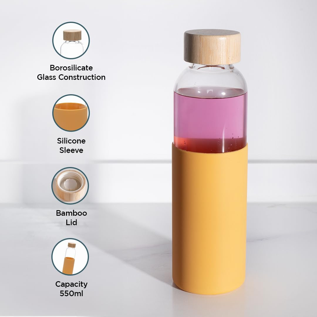 Kuber Industries Water Bottle | Glass Bottle | Sleeve Protection Bottle | Bamboo Lid Water Bottle | Travel Round Bottle | XB5501-PURP-XB5501-YEL | 550 ML | Set of 2 | Purple-Yellow
