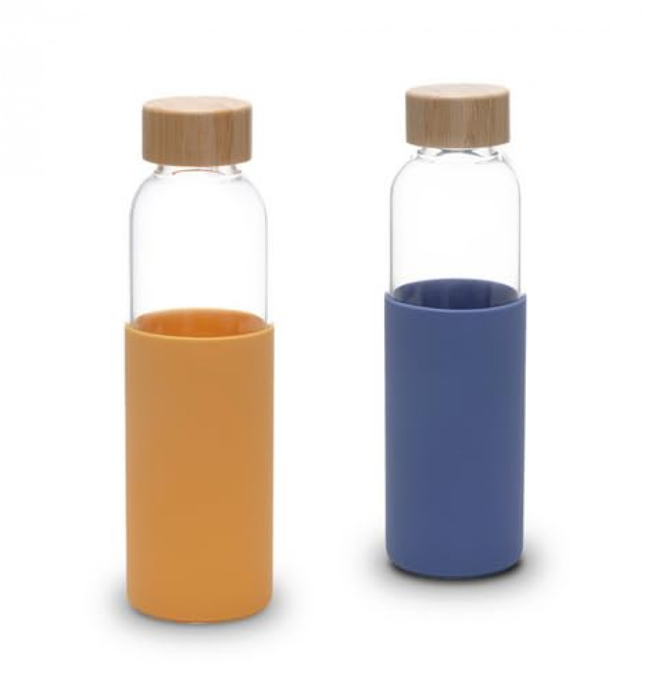 Kuber Industries Water Bottle | Glass Bottle | Sleeve Protection Bottle | Bamboo Lid Water Bottle | Travel Round Bottle | 550 ML | Set of 2 | Yellow-Blue