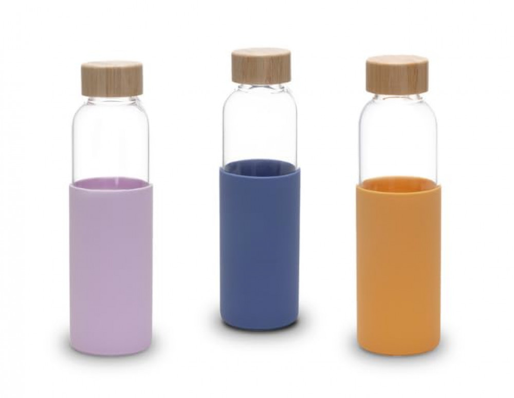 Kuber Industries Water Bottle | Glass Bottle | Sleeve Protection Bottle | Bamboo Lid Water Bottle | Travel Round Bottle | 550 ML | Set of 3 | Multicolor