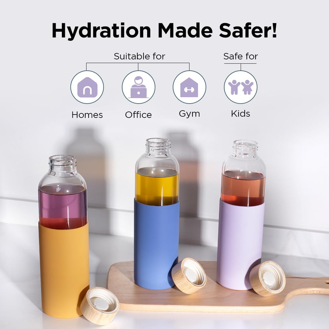 Kuber Industries Water Bottle | Glass Bottle | Sleeve Protection Bottle | Bamboo Lid Water Bottle | Travel Round Bottle | 550 ML | Set of 3 | Multicolor